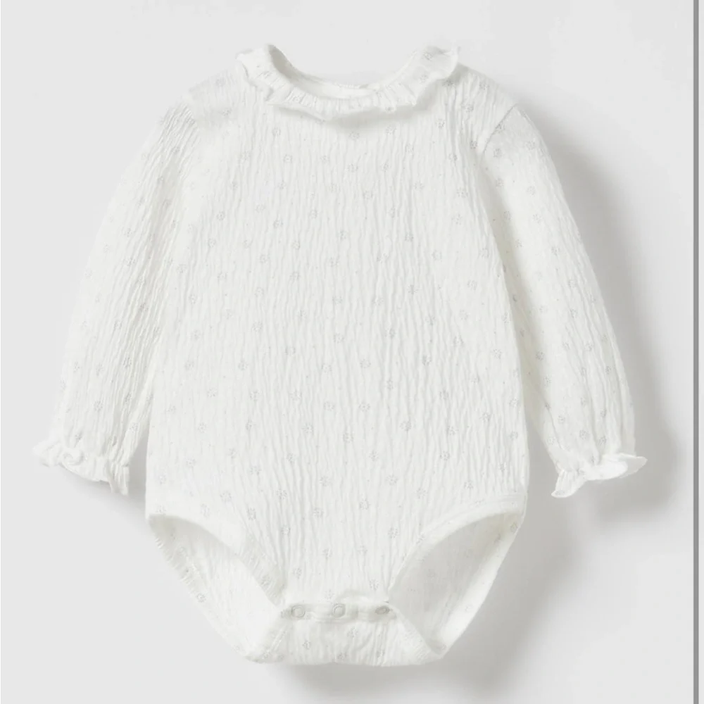 Zara Classic White Ribbed Baby One-Piece with Ruffle Collar